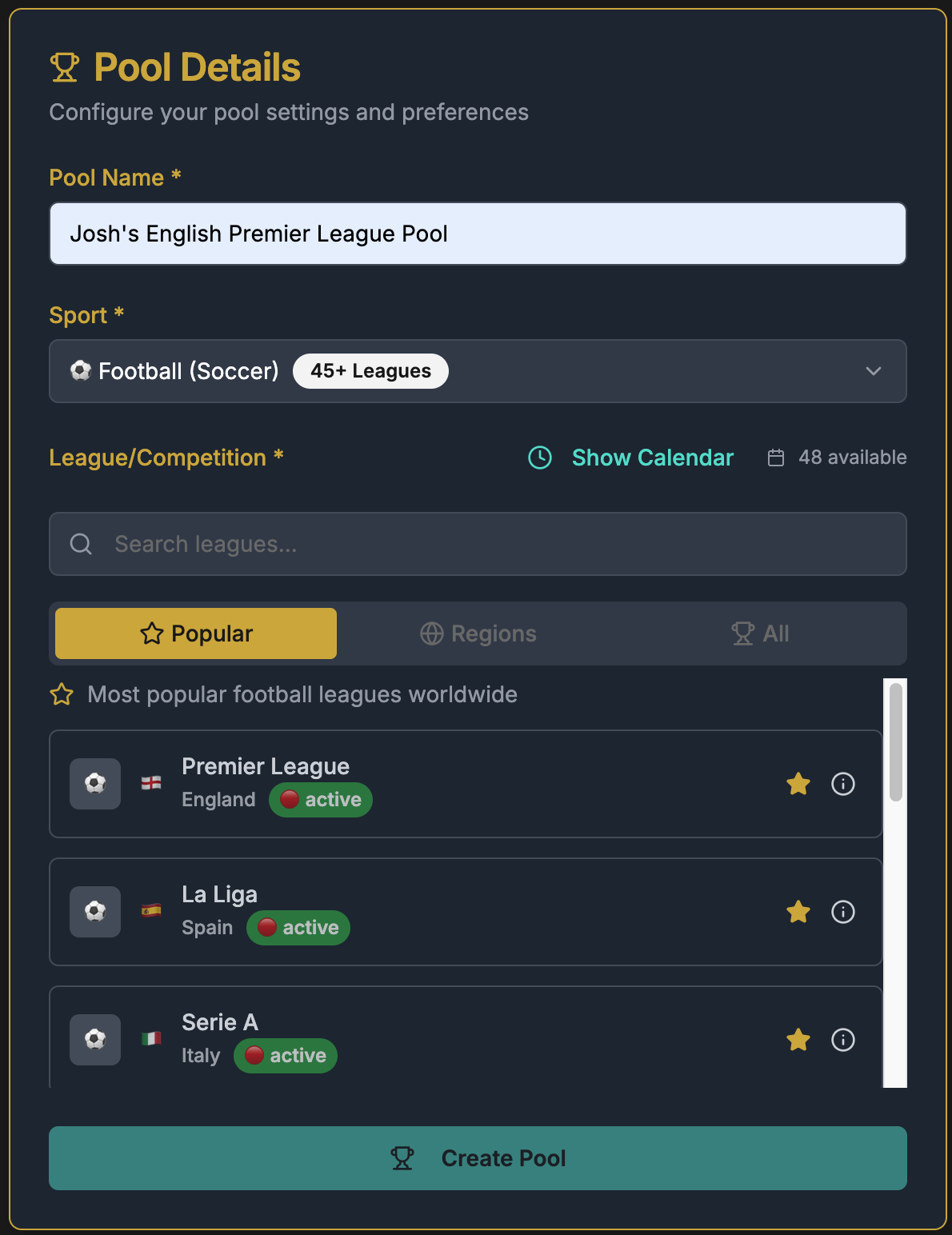 Pool Creation Interface